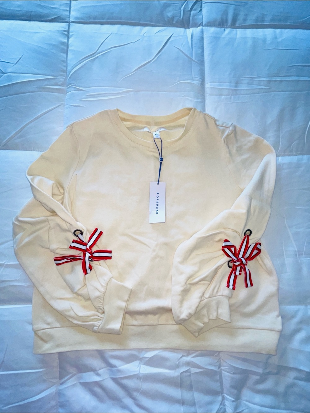 NWT POPSUGAR Cream Women's Sweatshirt Red Ribbon Sleeve Detail Sz XL Nautical